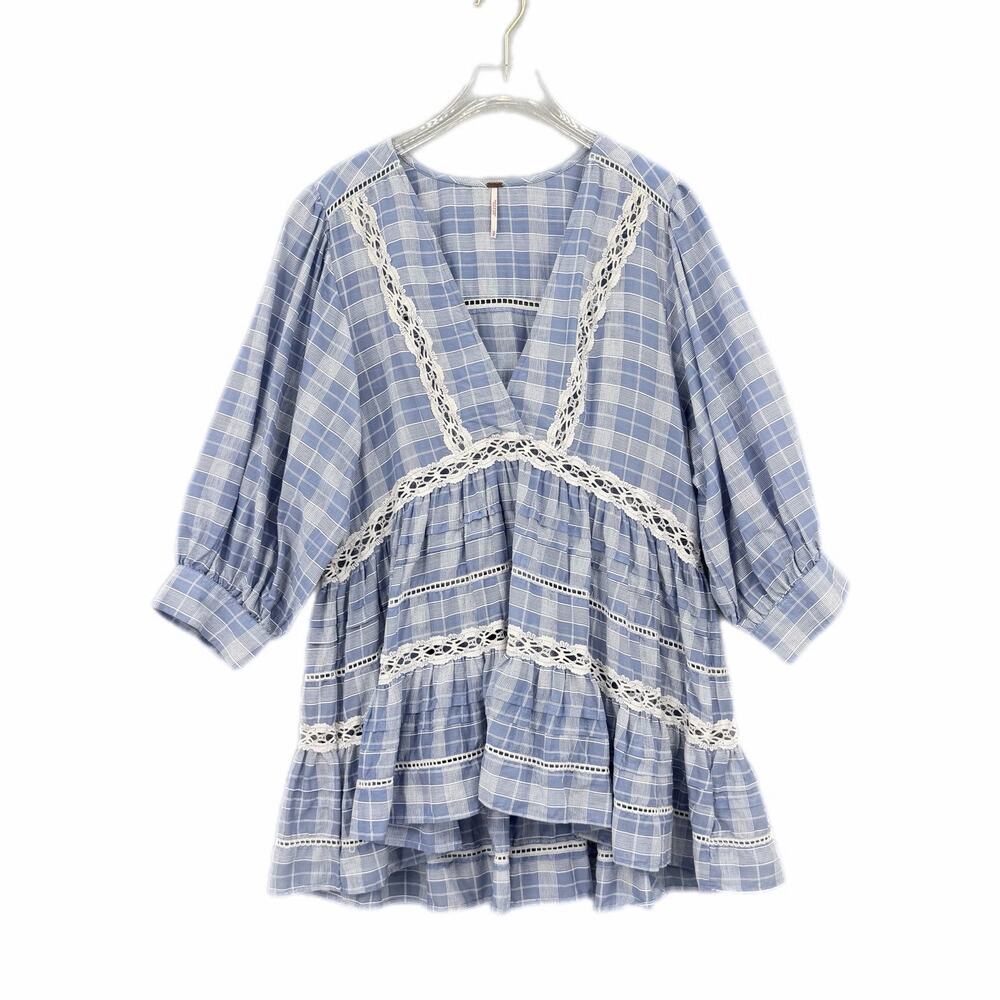 Free People Time Out Plaid Lace Trim 3/4 Sleeve Blue White 100% Cotton Tunic Top - Picture 6 of 10